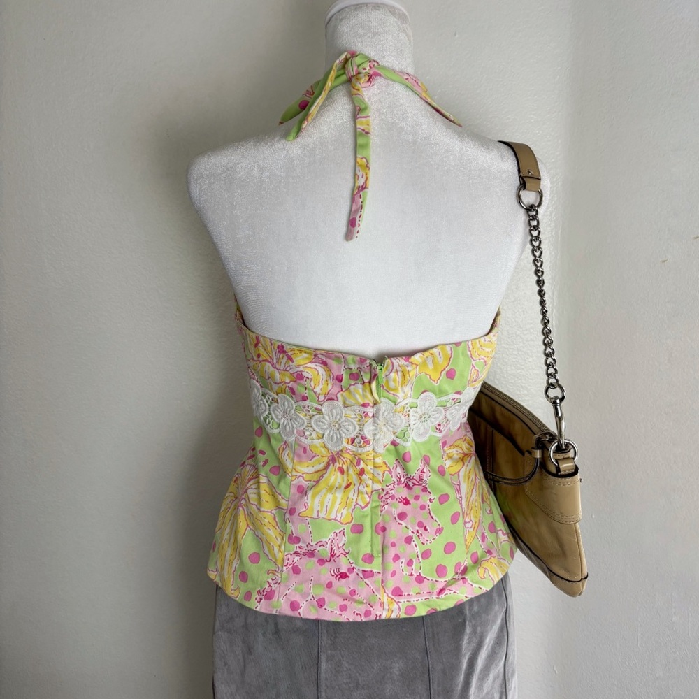 Lilly Pulitzer Green Pink Floral Halter Top w/ Lace Waist Detail Size 8 - Picture 4 of 7